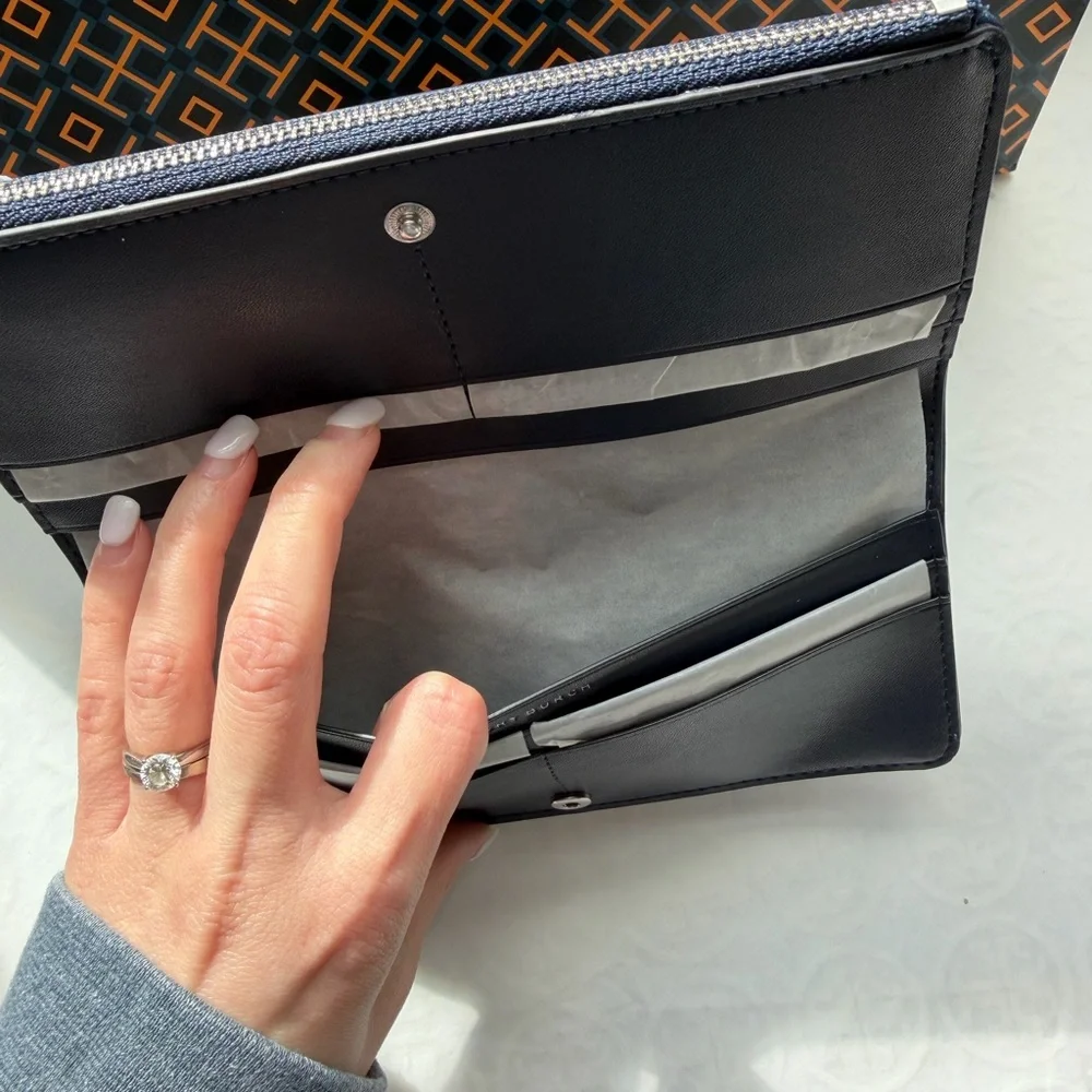 Tory Burch Nylon Small Slim Envelope Wallet Tory Navy Blue Silver